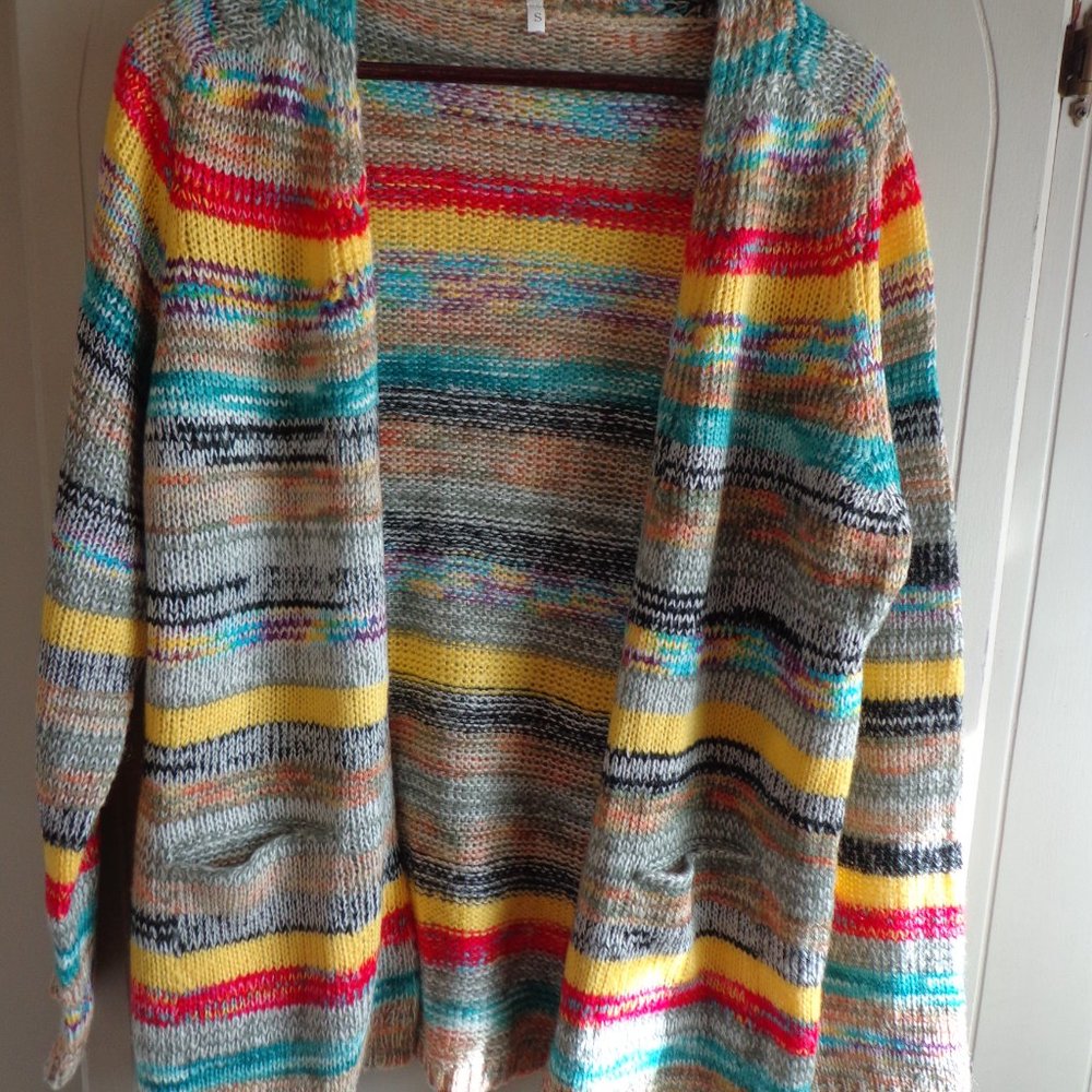 NWOT Open Knit Cardigan S Multicolored Stripes Raglan Sleeves